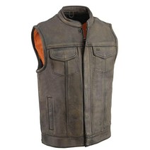바이크라이더자켓 모터사이클자켓 Milwaukee 밀워키 Leather MLM3510 남성용 디스트레스드 브라운 듀얼 클로저 오픈 넥 클럽 오토바이 가죽 조끼 XL, X-Large, Black/Beige
