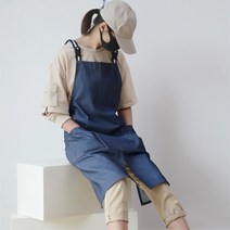 유이미 남녀공용 카페 공장 멜빵H형 생활방수 데님 앞치마, 딥블루, 1개