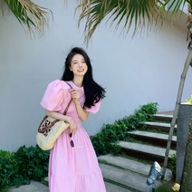 궁중풍 퍼프 소매 롱 스커트 조거 핑크 소녀풍 원피스