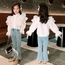 쁘띠앙쥬 유아동 여아 카라프릴블라우스데님세트 (카라흰색블라우스+청바지)