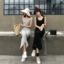 여성 면롱 흰색 원피스 여름 시원한 신축 데일리 트임 나시 슬림 롱원피스