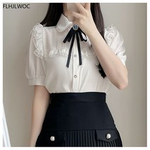 데일리 화이트 난방 흰 셔츠 흰남방 오피스룩 와이셔츠 여자 귀여운 달콤한 일본 리본 나비 넥타이 레트로 빈티지 탑 블라우스 밝은 파란색 프릴 레이스 흰색 버튼