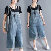 빅사이즈 여성 뷔스티에 7부 데님 청 멜빵바지 여름점프수트 BUJ56c
