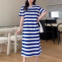 나바바 / NO308 캐주얼 단가라 레터링 롱 반팔 원피스