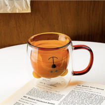 곰돌이 머그컵 이중 내열 유리컵 투명 물잔 캐릭터 물컵, 엠버브라운