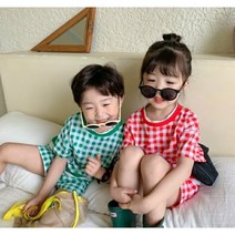 [랑] 키즈 심플체크 레이어드 상하세트 ( 100호~130호 레드 그린 ) 여름 남아 여아 상하복 남매룩 커플룩