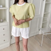 코지 풍성한 어깨 퍼프소매 배색 라운드넥 블라우스