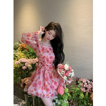 오프숄더 플라워 예쁜 배색 긴팔 키작녀 쉬폰 미니 원피스 퍼프 하객 결혼식 꽃무늬 SY