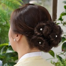 살롱드메리 수국 진주 한복 볼륨 올림머리 가발 집게핀, 브라운