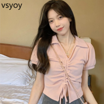 VSYOY 일본과 한국 스타일 의류 2023 새로운 디자인 감각 근접 슬리밍 순수한 욕망 스타일 핫 소녀 드로 스트링 주름 허리 탑 여성