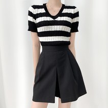 티데일리 여성용 꽈배기 단가라 브이넥 세미 크롭 반팔 니트