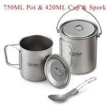 코펠 캠핑 스텐 1100ML / 1600ML 티타늄 냄비 팬 세트 물컵 머그잔 티타늄 컵 걸이 냄비 초경량 캠핑 조리, 06 750ml and 420ml