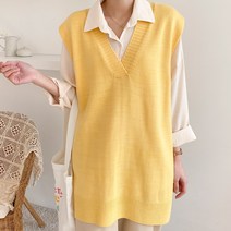 아모르데이 여성용 파츠브이 롱 루즈핏 브이넥 베이직 데일리 니트 베스트