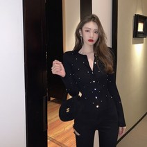 밀란 벨벳 퓨 핸드스터드 드릴 긴팔 가디건 싱글 단추 구덩이 스트립 니트 스웨터