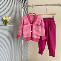 베베초롱여아 스웨터 코트 가을 로즈 핑크 니트 카디건 캐주얼 팬츠 바지 팬츠 바지 세트