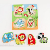 정글 동물맞추기 꼭지퍼즐 돌선물 장난감 아기퍼즐 교구장난감 아기원목퍼즐 손자선물, 1개