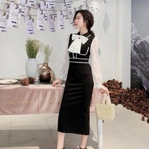 [바보사랑] 왕리본 벌룬 소매 블라우스 배색 슬림핏 H라인 원피스