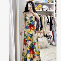 해변원피스 바캉스룩 프랑스 스타일 프린트 싼야 관광 옷 등이없는 드레스 슬리밍 요정 해변 휴가 비치 스