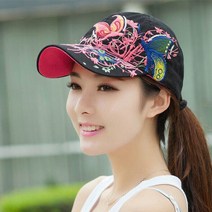여성 사계절 꽃 자수 캡모자 끈조절 등산모, 나비블랙