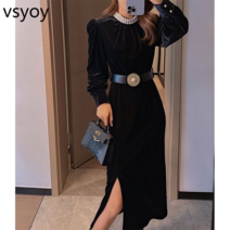 vsyoy 하이 엔드 커스텀 2022 가을과 겨울 새로운 여성 스커트 진주 칼라 헵번 스타일 슬림 슬림 프렌치 드레스