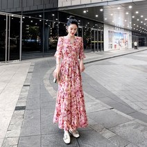 쉬폰 허리 스트링 롱원피스 봄 프렌치 빈티지 플라워 스커트 반팔 초선 플리츠 스커트 브이넥