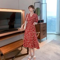 실버캣 여성 빅사이즈 사선 벚꽃잎 패턴 허리 리본 장식 엠파이어 원피스