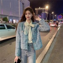 크롭 트위드 격자 무늬 자켓 귀 스위트 펄 버튼 라운드넥 한국 코트 럭셔리 짧은 아우터 패션618235