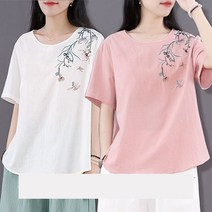 1+1 중년 여성 반팔 티셔츠 여름 중장년 빅사이즈 순면 라운드넥 솔리드 심플 티셔츠