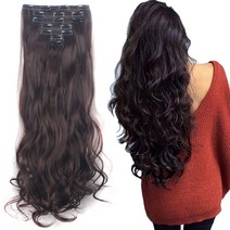 [정품] LELINTA 7피스 클립 16개 61cm(24인치) 웨이브 컬리 풀 헤드 클립, Medium Brown