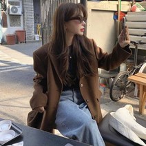 여성 헤링본 재킷 투버튼 오버핏 빅사이즈 모직 하프 길이 정장 모직 울 코트 레트로 박시한 남친룩
