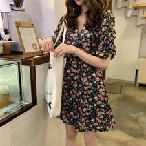 잇츠스타일 빈티지 플라워 브이넥 반팔 미니원피스