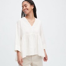 F 유니클로 여성 린넨 면혼방 웨스트 플리츠 셔츠7부소매 458848 UNIQLO