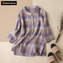 퀸앤조이 소프트 체크 동글카라 린넨 셔츠 블라우스***판매자 퀸앤조이***