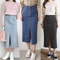 여자는쇼핑 베스트 탄탄한청 h라인 일자핏 앞트임 데님 미디기장 롱스커트 청치마 4계절 skirt