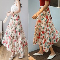 다이뻐 DAIBBU 리틀깽스 자체제작 시원 여성스러운 우아한 A라인 꽃플라워 쉬폰 솔리드 주름 플리츠 롱스커트