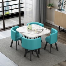 북유럽 라운지 식탁 의자카페/사무실/회의실 4인용 테이블 세트, 화이트 스퀘어 테이블+라이트 블루 체어