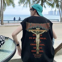 아메리칸 순면 십자가 나시 남 샤고 스트리트 힙합 슬리브리스 헬스 스포츠 농구 나시
