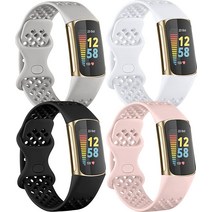 Laffav Fitbit Charge 5 남성용 여성용 밴드와 호환 내구성이 뛰어난 통기성 스포츠 밴드 부드러운 실리콘 교체 스트랩 에어 홀 포함 Fitbit Charge 5, Black/White/Pink Sand/Gray
