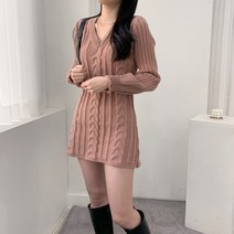 포디룩 [여친룩!] 제이 브이넥 뒷리본 니트 미니원피스