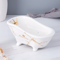 JINGHENG 비누받침 욕실 호텔 레스토랑 세면대 도자기 비누함 욕조모양 솝 트레이, 화이트 마블 골드 플로럴 페이퍼 욕조