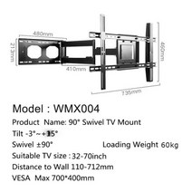 BEISHI-50-80 인치 TV 벽걸이 브래킷 각도 조절 가능 4 암 강력한 최대 80kg VESA 100x100 ~ 600x400, CHINA_WMX004