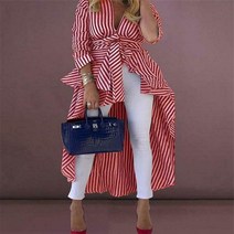 블라우스여성용 하이 로우 비대칭 셔츠 의류 스트라이프 v넥 블라우스 와이드 헴 긴 소매 드레스 벨트