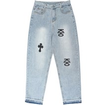 구미 스트리트 청바지 중공업 디자인 와펜 만침 자수 밑단 심리스 구제 팬츠 커플룩