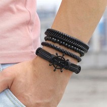 JI IFMIA 4 개/대 남자에 대 한 조정 가능한 가죽 팔찌 꼰된 PU 블랙 브라운 생활 나무 잎 방향타 매력 선물