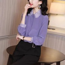 2021 봄 여름 여성 쉬폰 턴 다운 칼라 블라우스 레이디 셔츠 여성 캐주얼 퍼플 쉬폰 블라우스 탑스