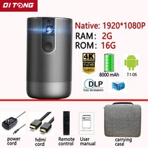 미니 빔프로젝터 DITONG 스마트 3D TV 300 인치 안 드 로이드 WiFi 휴대용 1080P LED DLP 프로젝터 풀 HD 4K 시네마 폰 배터리, [04] 1920X1080  16G, [01] EU 플러그