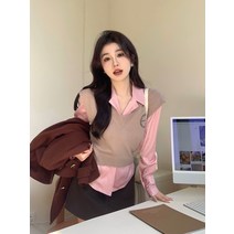학원풍 레이어드 V넥 니트 조끼 조끼 세트 여성 봄 디자인감 박시한 블라우스 투피스