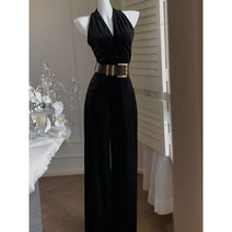 셀프웨딩 촬영 원피스 파티 이브닝 연주회 드레스 벨트가 달린 벨벳 점프수트 와이드 홀터 팬츠 여성 패션 오피스 레이디 민소매 긴 롬퍼 여름
