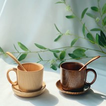 우드손잡이 고급찻잔세트 우드머그컵 미니 원목 나무잔 아메리카노잔 친환경 커피잔 set, 브라운 3p(커피잔+티스푼+컵받침)