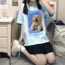 여름 트렌디 학원풍 강아지 프린트 라운드 반팔티 블랙